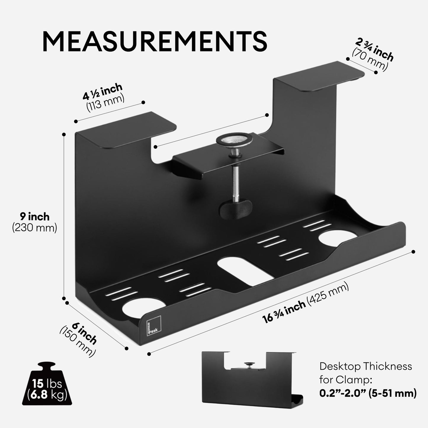 Clamp-On Cable Management Under Desk 17x9 inch