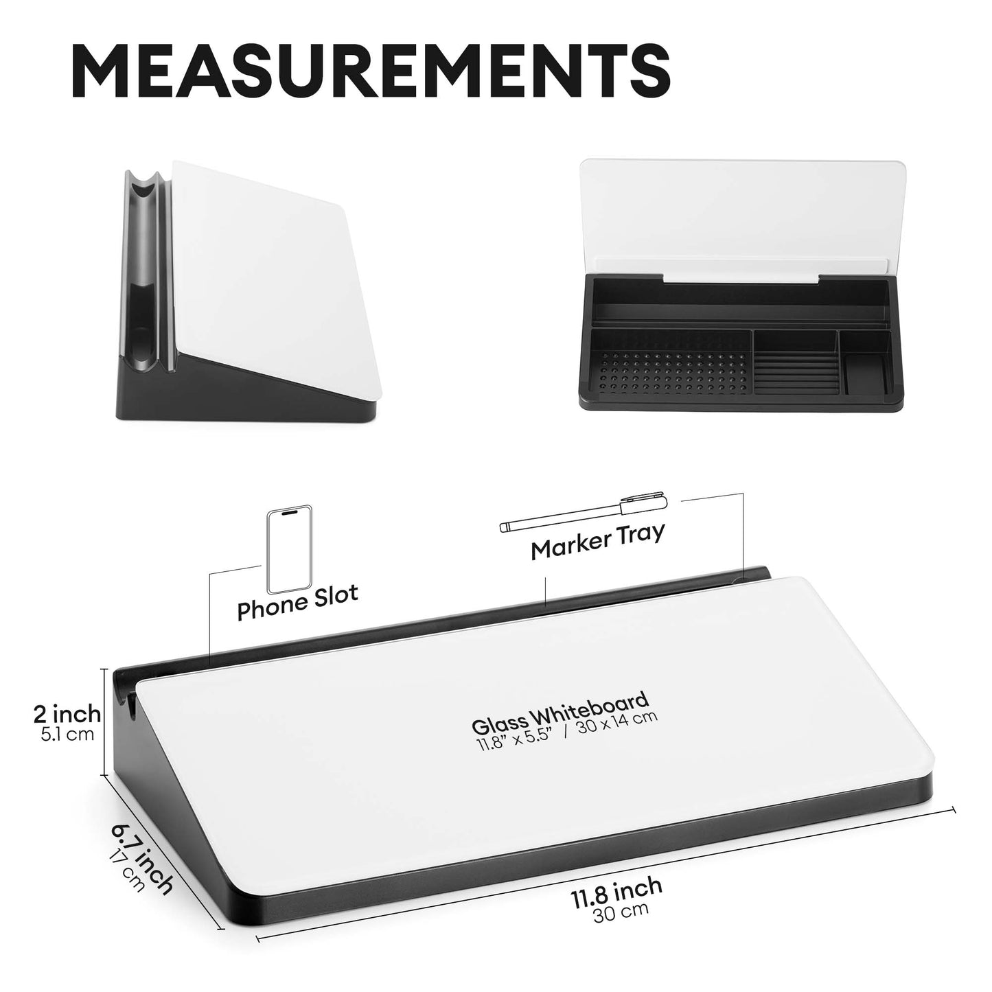 Glass Desktop Whiteboard with Storage, Black+White